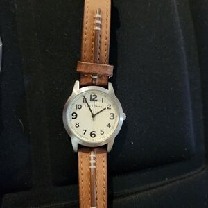 Brown Leather Strap Watch with Silver Face